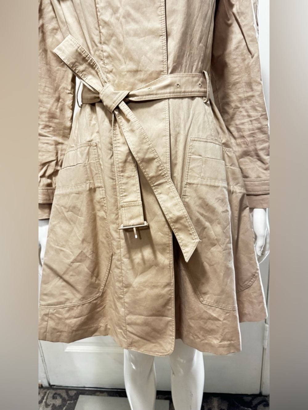 Tory Burch Womens Trench Coat Beige Collared Long Sleeve Buckle Size 6 - Picture 9 of 14
